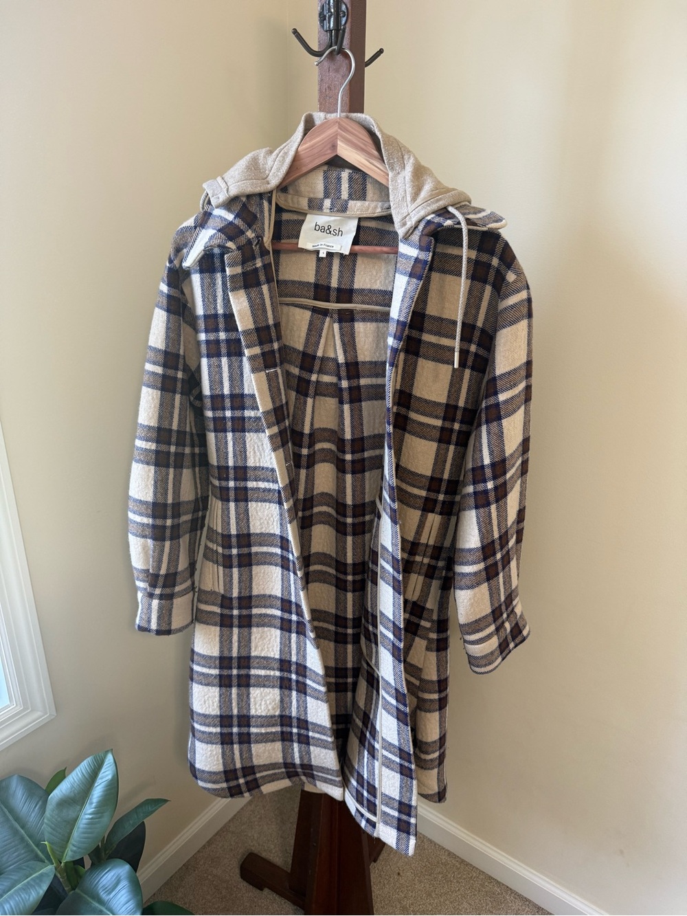ba&sh Cream and Navy Plaid Hooded Coat